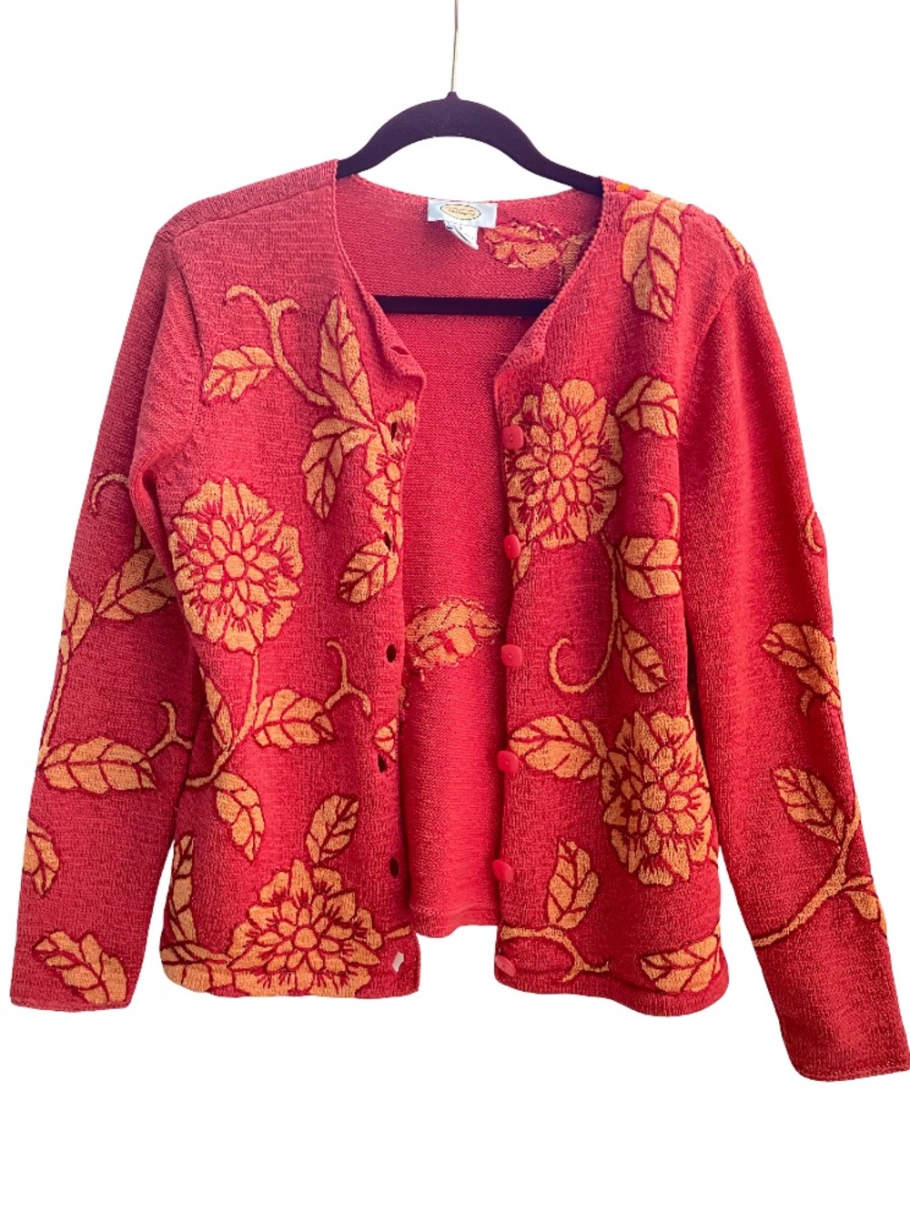 Vintage Talbots red orange embroidered floral leaf cotton cardigan size small